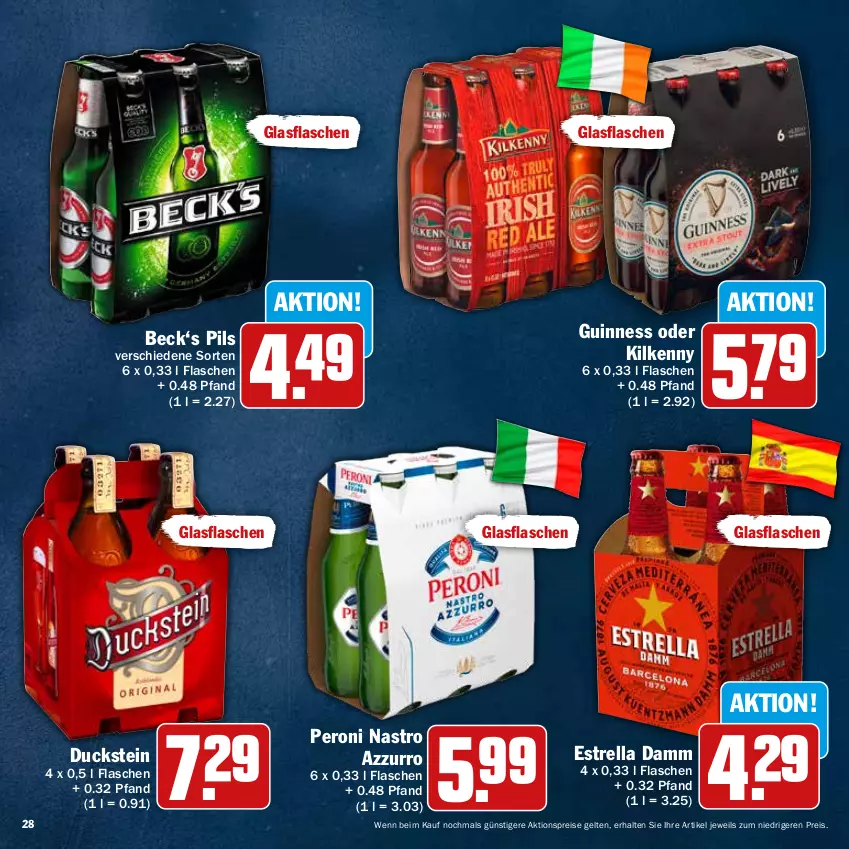 Aktueller Prospekt Hit - Prospekte - von 28.11 bis 31.12.2022 - strona 28 - produkty: aktionspreis, Duck, eis, Estrella Damm, flasche, glasflasche, Guinness, Kilkenny, Peroni, pils, reis, rel, Ti