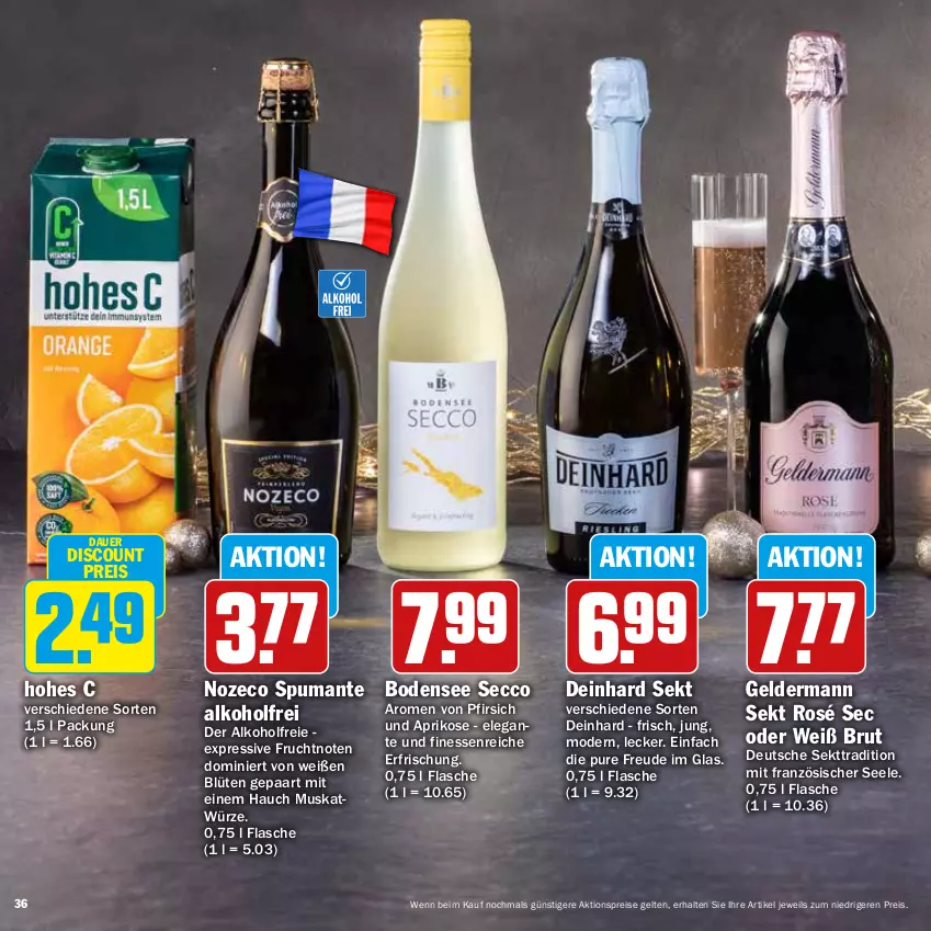 Aktueller Prospekt Hit - Prospekte - von 28.11 bis 31.12.2022 - strona 36 - produkty: aktionspreis, alkohol, aprikose, auer, Blüte, brut, discount, ecco, eis, finesse, flasche, frucht, geldermann, Hohes C, Mode, pfirsich, puma, reis, sekt, spumante, Ti