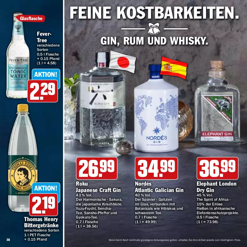 Aktueller Prospekt Hit - Prospekte - von 28.11 bis 31.12.2022 - strona 38 - produkty: aktionspreis, Blüte, dry gin, eis, Elefant, flasche, frucht, getränk, getränke, gin, glasflasche, kirsch, london dry, london dry gin, pfeffer, reis, rum, tee, thomas henry, Ti, whisky, Yo