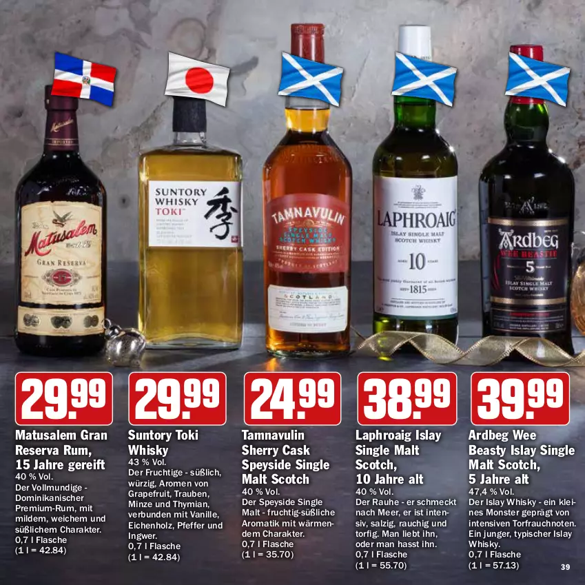 Aktueller Prospekt Hit - Prospekte - von 28.11 bis 31.12.2022 - strona 39 - produkty: Ardbeg, flasche, frucht, grapefruit, Holz, ingwer, islay single malt, laphroaig, leine, Matusalem, minze, monster, pfeffer, Rauch, rum, salz, scotch, single malt, Ti, trauben, vanille, whisky