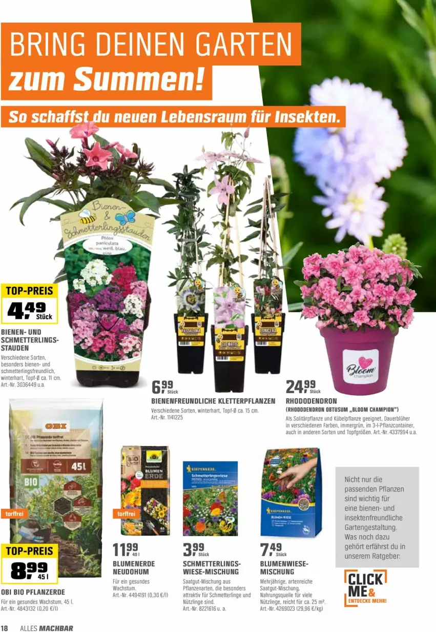 Aktueller Prospekt Obi - Prospekte - von 26.04 bis 15.05.2022 - strona 18 - produkty: auer, bio, blume, blumen, blumenerde, champion, Container, eis, elle, erde, Garten, mac, Mett, pflanze, pflanzen, pflanzerde, reis, Schmetterling, sekt, stauden, Ti, top-preis, topf