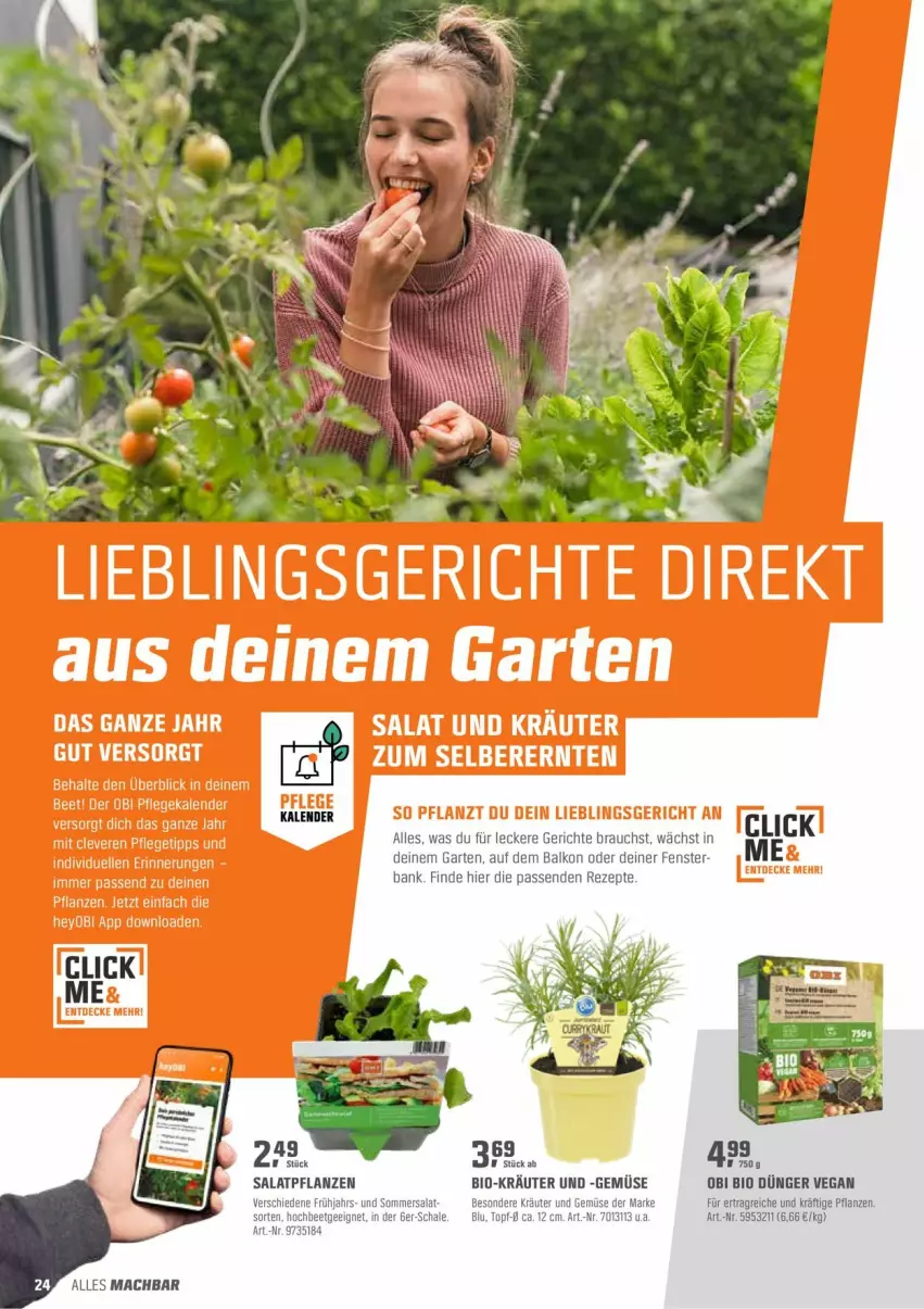 Aktueller Prospekt Obi - Prospekte - von 26.04 bis 15.05.2022 - strona 24 - produkty: Bank, bio, dünger, fenster, Garten, kräuter, mac, pflanze, pflanzen, Rauch, rezept, rezepte, salat, Schal, Schale, Ti, topf, und gemüse