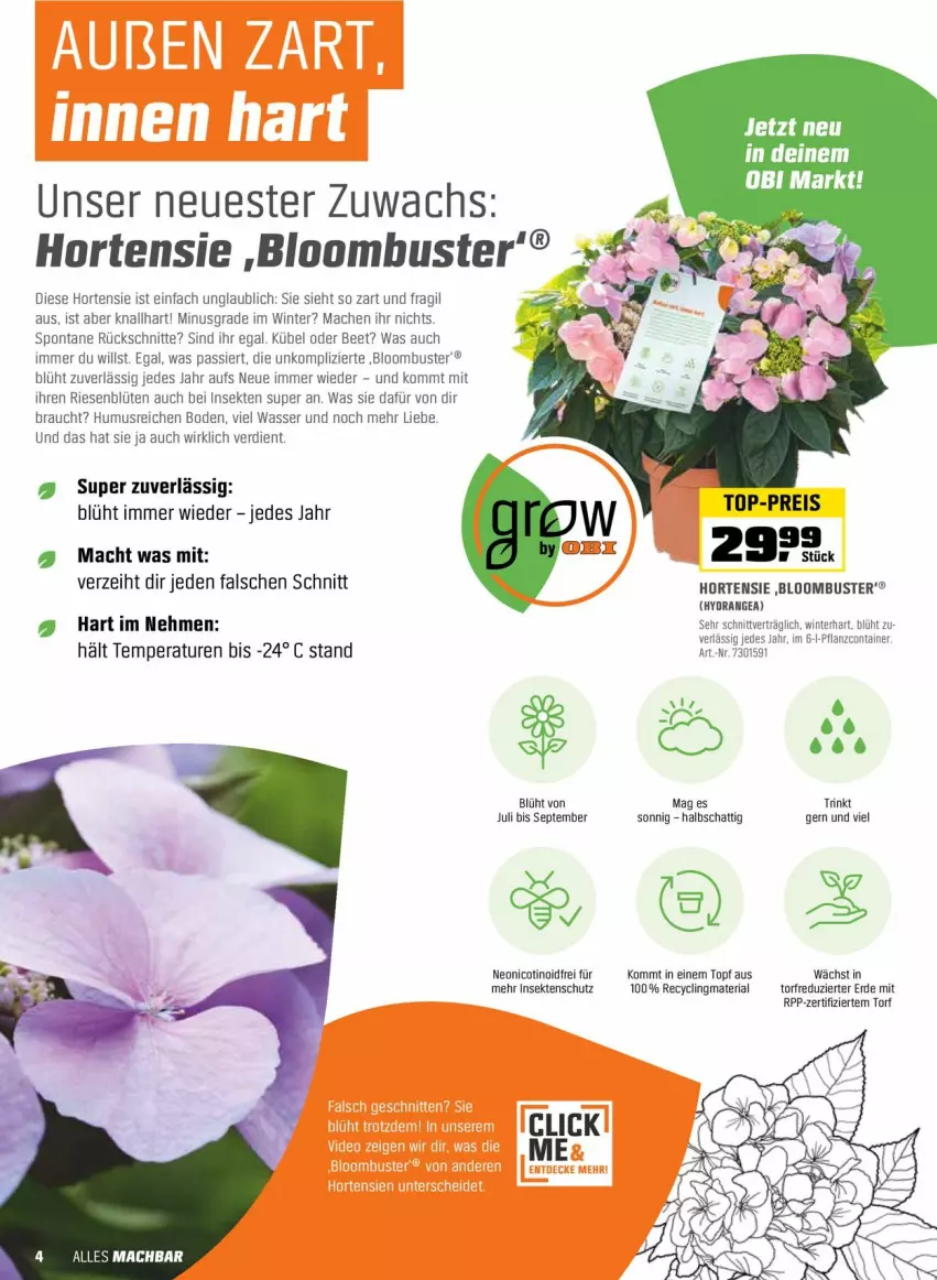 Aktueller Prospekt Obi - Prospekte - von 26.04 bis 15.05.2022 - strona 4 - produkty: Blüte, Clin, Container, eis, erde, hortensie, hydrangea, insektenschutz, mac, Rauch, recyclingmaterial, reis, Ria, sekt, Ti, top-preis, topf, wasser