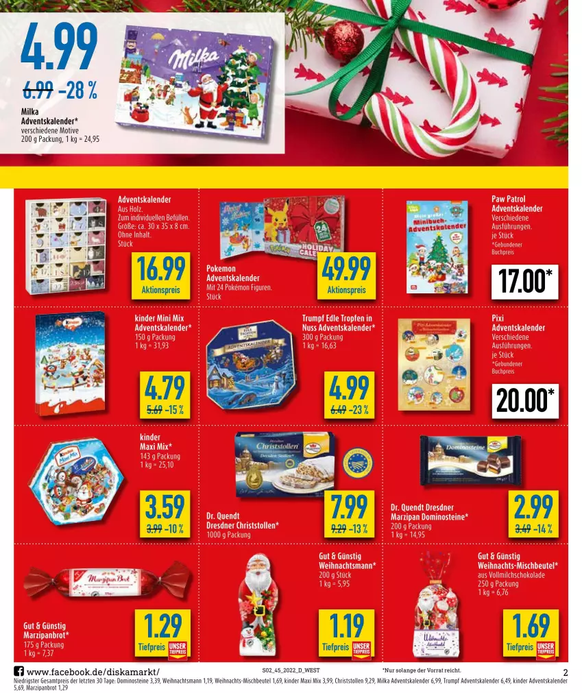 Aktueller Prospekt Diska - Prospekte - von 07.11 bis 12.11.2022 - strona 2 - produkty: Adventskalender, beutel, brot, Dominosteine, eis, Kinder, marzipan, milka, reis, rum, Stollen, tee, Ti, tiefpreis, ZTE