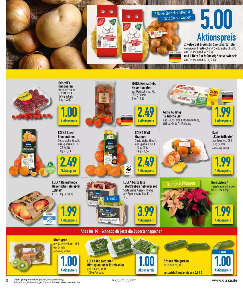 Aktueller Prospekt Diska - Prospekte - von 07.11 bis 12.11.2022 - strona 3 - produkty: aktionspreis, Bad, bett, bio, blattspinat, burger, cola, deka, driscoll's, edeka bio, eier, eis, feldsalat, fisch, gurke, gurken, Kaki, kartoffel, kartoffeln, kiwi, orange, orangen, reis, rispentomaten, rucola, salat, Schal, Schale, speisekartoffeln, Speisezwiebeln, spinat, tafeläpfel, tafeltrauben, Ti, tomate, tomaten, trauben, zwiebel, zwiebeln