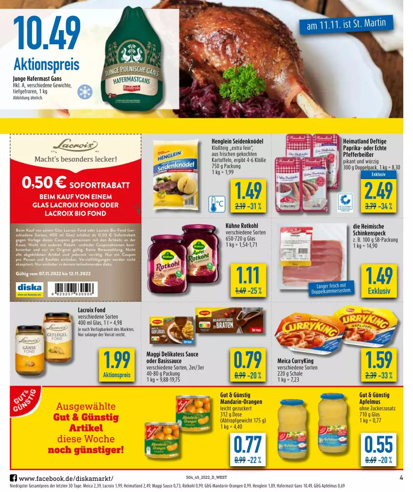 Aktueller Prospekt Diska - Prospekte - von 07.11 bis 12.11.2022 - strona 4 - produkty: aktionspreis, apfel, apfelmus, delikatess sauce, eis, hafer, henglein, kartoffel, kartoffeln, Knödel, Kühne, maggi, mandarin-orangen, meica, orange, orangen, paprika, pfeffer, Pfefferbeißer, reis, rotkohl, sauce, Schal, Schale, schinken, schinkenspeck, Speck, Ti, ZTE, zucker