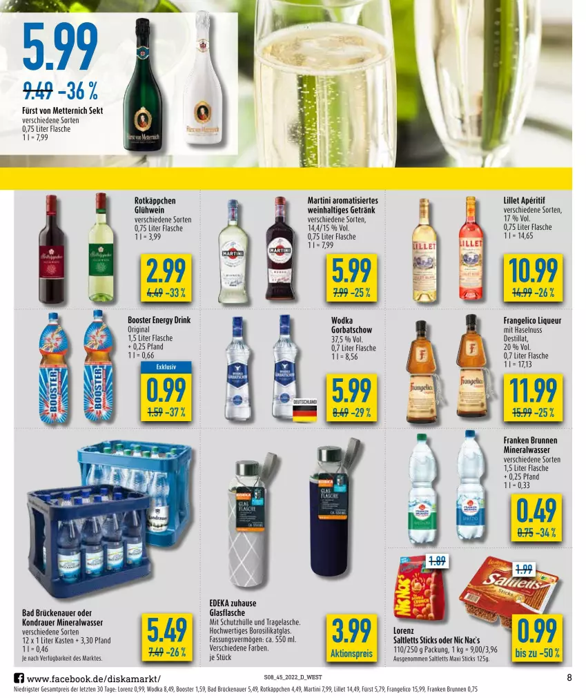 Aktueller Prospekt Diska - Prospekte - von 07.11 bis 12.11.2022 - strona 8 - produkty: aktionspreis, Alwa, aperitif, auer, Bad, brunnen, deka, drink, eis, energy drink, flasche, frangelico, franken brunnen, fürst von metternich, getränk, gin, glasflasche, Glühwein, Gorbatschow, haselnuss, lillet, liqueur, lorenz, martini, Mett, metternich, mineralwasser, nic nac's, nuss, reis, rotkäppchen, saltletts, schutzhülle, sekt, Ti, wasser, wein, wodka, ZTE