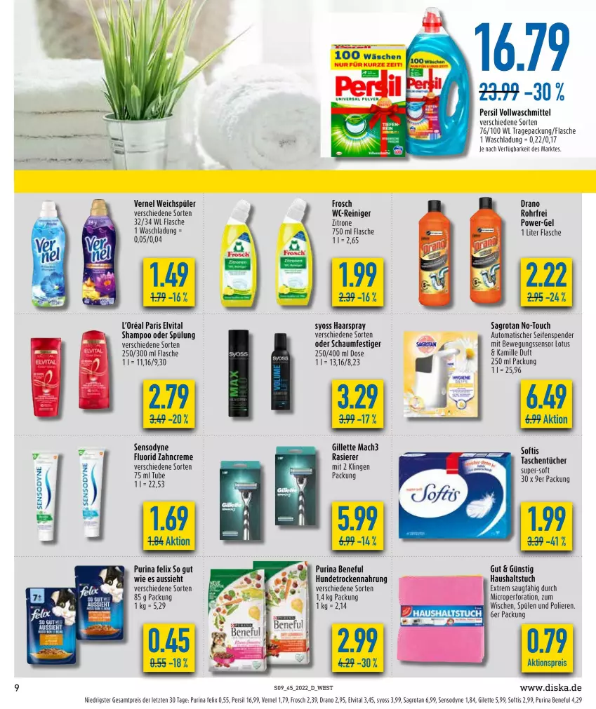 Aktueller Prospekt Diska - Prospekte - von 07.11 bis 12.11.2022 - strona 9 - produkty: aktionspreis, auto, Bewegungssensor, creme, eis, elvital, felix, flasche, Frosch, gillette, haarspray, Hundetrockennahrung, Kamill, kamille, l'oreal, mac, mach3, oder schaumfestiger, persil, power-gel, purina, rasierer, reiniger, reis, sagrotan, schaumfestiger, Seife, seifenspender, sensodyne, shampoo, shampoo oder spülung, Spülen, spülung, syoss, Tasche, taschen, taschentücher, Ti, tisch, Trockennahrung, tuc, tücher, vernel, vita, vollwaschmittel, waschmittel, wc-reiniger, weichspüler, Yo, zahncreme, zitrone, ZTE