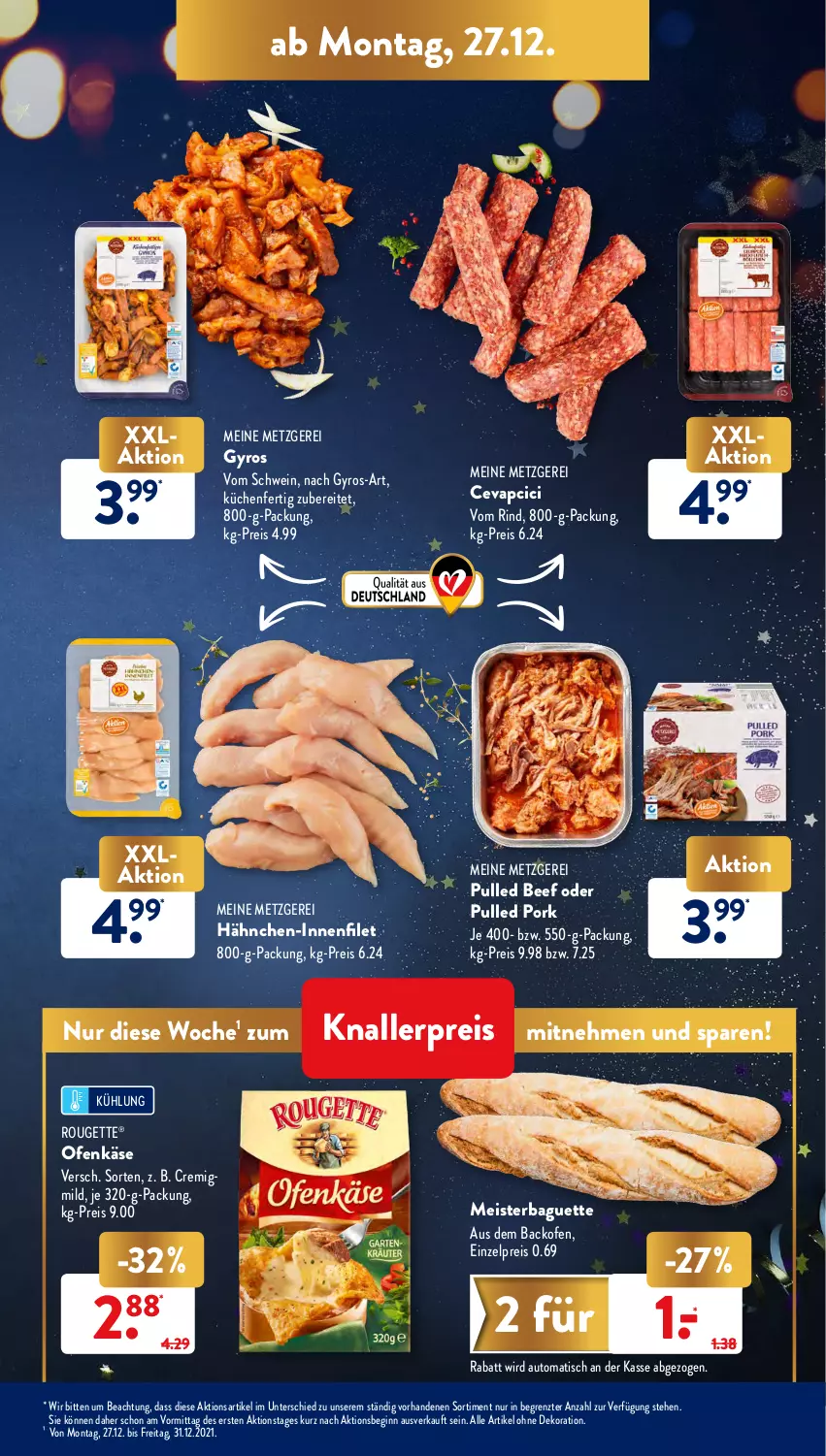 Aktueller Prospekt AldiSud - ALDI Aktuell - von 27.12 bis 31.12.2021 - strona 11 - produkty: alle artikel ohne dekoration, auto, backofen, baguette, beef, cevapcici, dekoration, eis, filet, gin, gyros, Käse, knallerpreis, küche, Küchen, Meister, Ofen, Ofenkäse, Pulled Pork, reis, rind, rouge, rougette, schwein, Ti, tisch, wein, ZTE