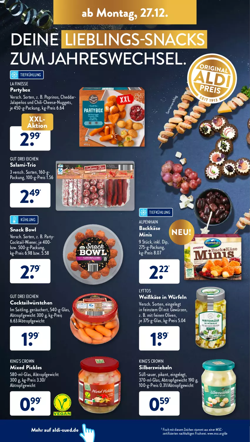 Aktueller Prospekt AldiSud - ALDI Aktuell - von 27.12 bis 31.12.2021 - strona 12 - produkty: aldi, Alpenhain, auer, cheddar, chili, cocktail, dip, eis, finesse, fisch, fische, Fischer, gewürz, jalapeño, Käse, Mixed Pickles, nuggets, olive, oliven, reis, salami, Schere, Silberzwiebel, snack, snacks, Ti, wiener, würfel, würstchen, zwiebel, zwiebeln