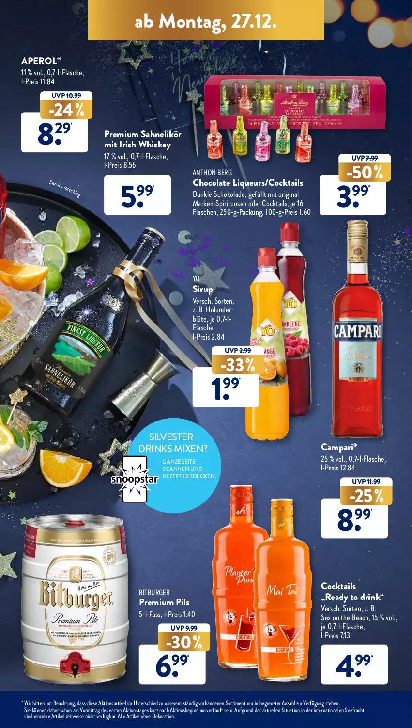 Aktueller Prospekt AldiSud - ALDI Aktuell - von 27.12 bis 31.12.2021 - strona 17 - produkty: alle artikel ohne dekoration, aperol, bitburger, Blüte, burger, campari, cocktail, cocktails, cola, decke, dekoration, drink, drinks, eis, elle, flasche, gin, holunder, holunderblüte, irish whiskey, likör, liqueur, pils, premium pils, reis, rezept, sahne, schoko, schokolade, sirup, spirituosen, Ti, whiskey, Yo, ZTE