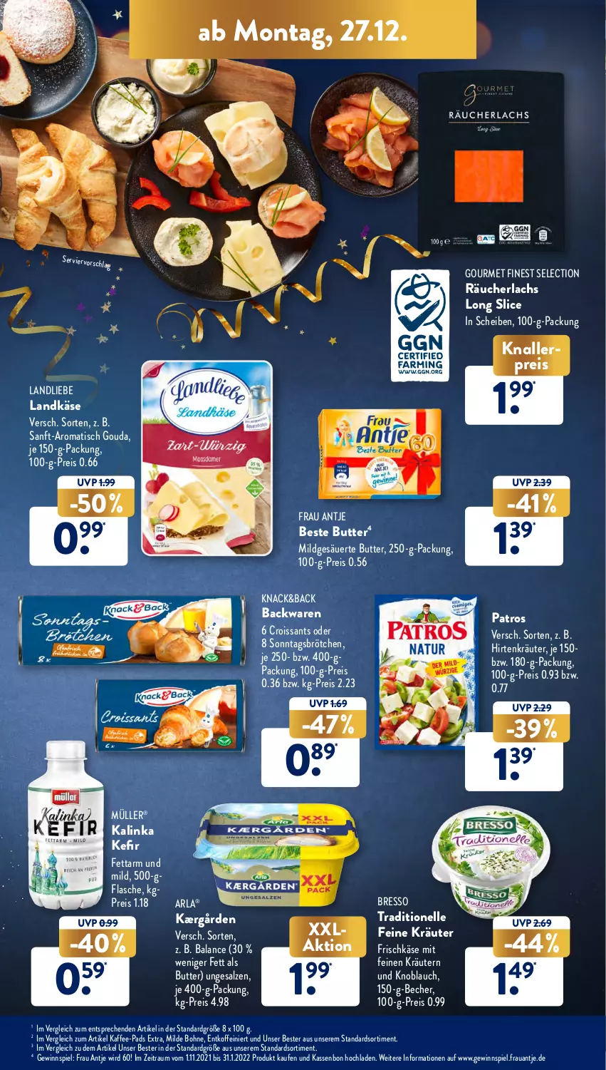 Aktueller Prospekt AldiSud - ALDI Aktuell - von 27.12 bis 31.12.2021 - strona 19 - produkty: arla, backwaren, Becher, beste butter, bohne, bresso, brötchen, butter, Croissant, croissants, eis, elle, flasche, frau antje, frischkäse, gewinnspiel, gouda, Kærgården, kaffee, kaffee-pads, Käse, Kefir, knallerpreis, knoblauch, kräuter, kräutern, lachs, landkäse, landliebe, Müller, ndk, patros, Räucherlachs, reis, salz, Sonntagsbrötchen, Ti, tisch