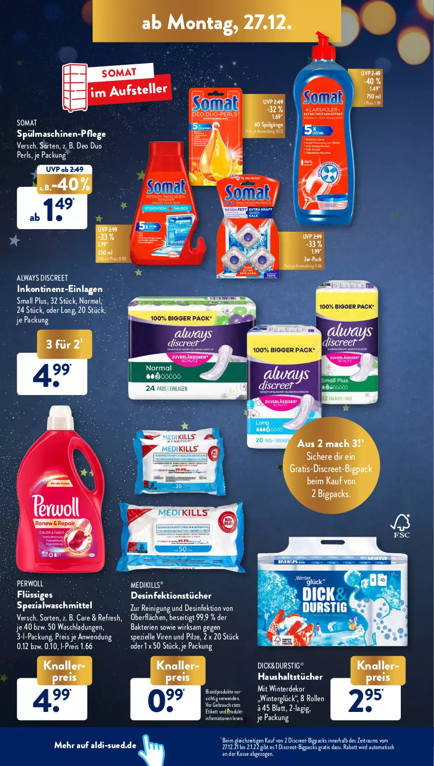 Aktueller Prospekt AldiSud - ALDI Aktuell - von 27.12 bis 31.12.2021 - strona 20 - produkty: aldi, Alwa, Always, auto, bio, biozidprodukte, deo, Desinfektion, Discreet, eis, elle, erde, haushaltstücher, knallerpreis, LG, mac, perwoll, pilze, Rauch, Reinigung, reis, rwe, somat, Spezi, spülmaschinen, teller, Ti, tisch, tücher, waschmittel