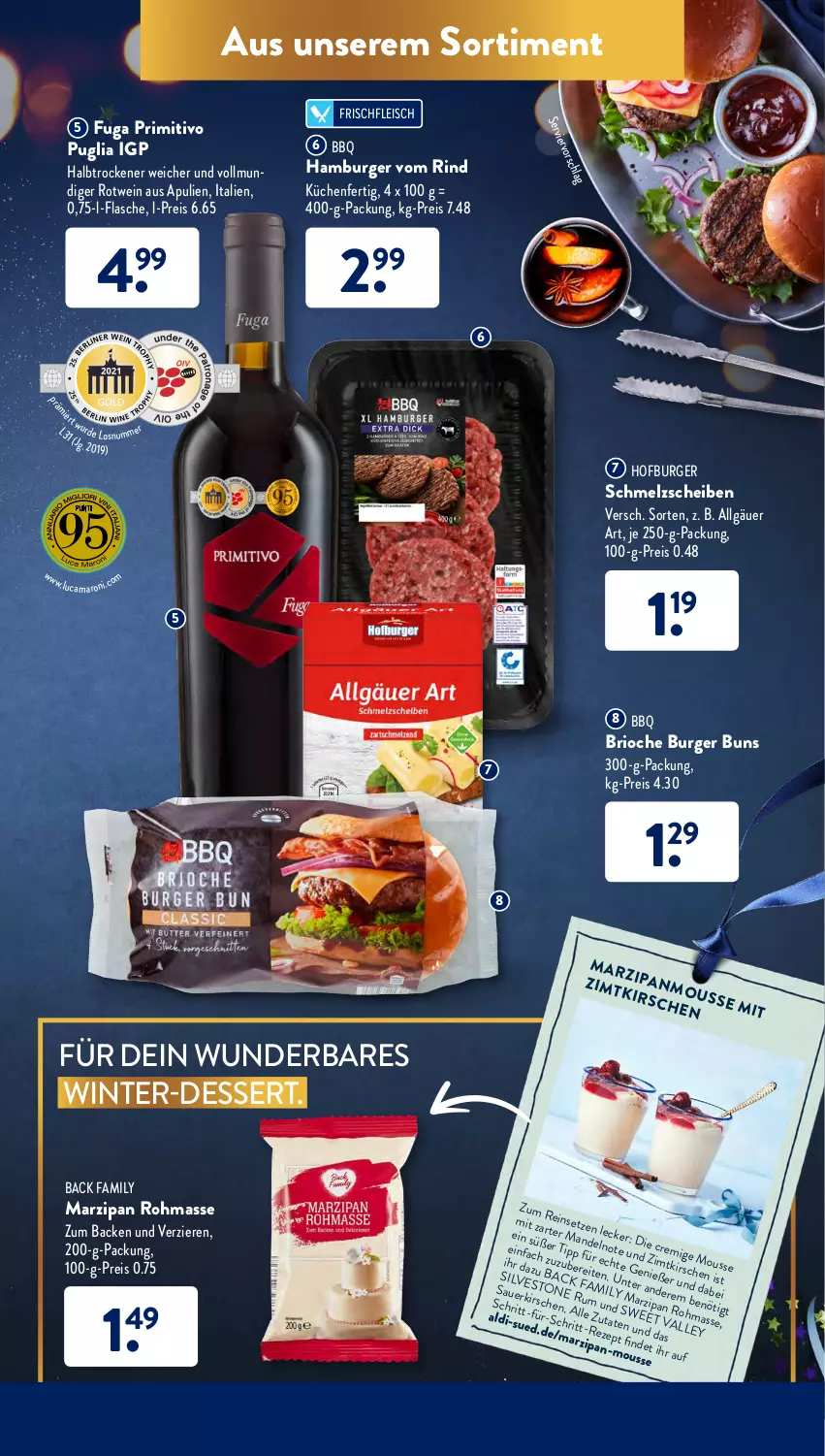 Aktueller Prospekt AldiSud - ALDI Aktuell - von 27.12 bis 31.12.2021 - strona 41 - produkty: aldi, burger, burger buns, dessert, eis, flasche, fleisch, hamburger, je 250-g-packung, kirsch, kirsche, kirschen, küche, Küchen, LG, marzipan, mousse, primitivo, reis, rind, rotwein, rum, Ti, wein