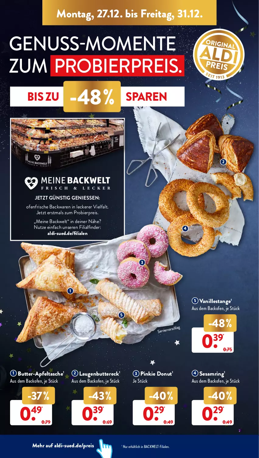 Aktueller Prospekt AldiSud - ALDI Aktuell - von 27.12 bis 31.12.2021 - strona 6 - produkty: aldi, apfel, Apfeltasche, backofen, backwaren, bier, butter, Donut, eis, ente, frische backwaren, nuss, Ofen, reis, ring, sesam, Sesamring, Tasche, Ti, vanille, Vanillestange