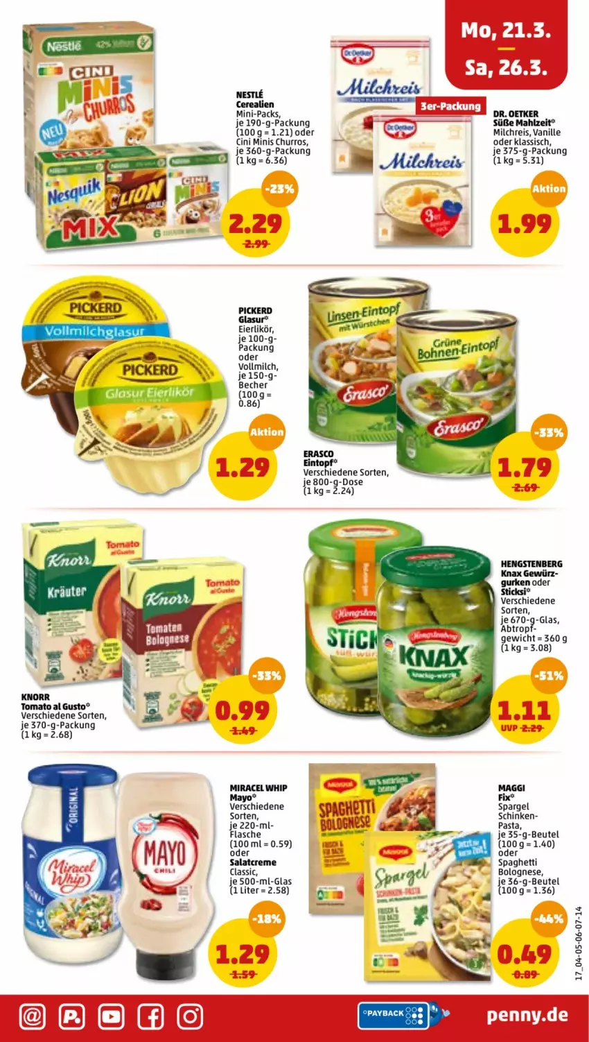 Aktueller Prospekt Penny - Prospekte - von 21.03 bis 26.03.2022 - strona 17 - produkty: Becher, beutel, bolognese, cerealien, cin, creme, eier, eierlikör, eintopf, eis, flasche, gewürz, gurke, gurken, hengstenberg, likör, milch, milchreis, miracel, miracel whip, pasta, reis, salat, salatcreme, schinken, spaghetti, spaghetti bolognese, spargel, Ti, topf, vanille, vollmilch, Yo