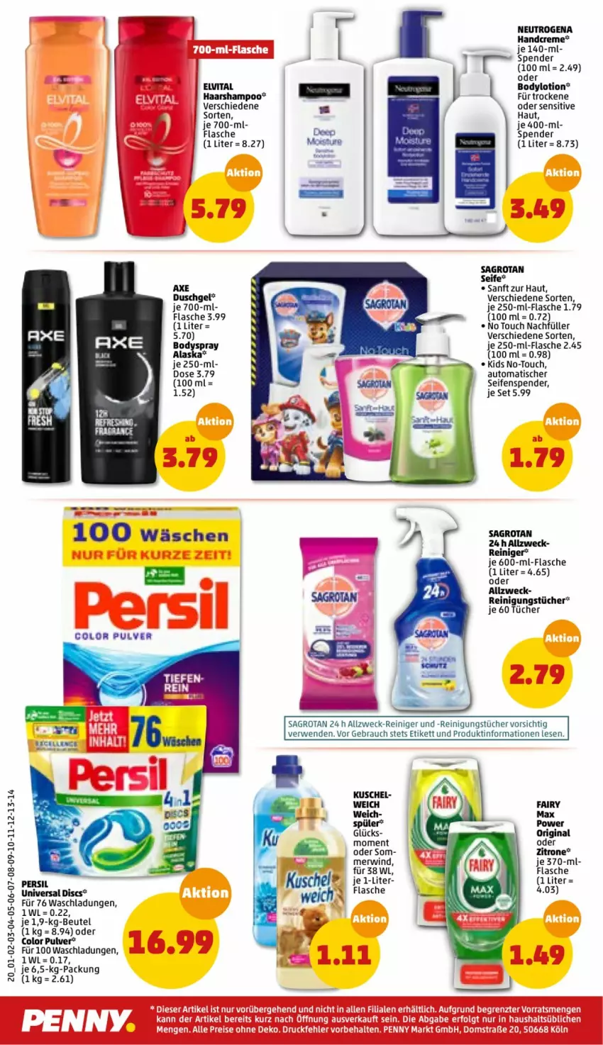 Aktueller Prospekt Penny - Prospekte - von 21.03 bis 26.03.2022 - strona 20 - produkty: auto, axe, axe duschgel, beutel, body, bodylotion, bodyspray, creme, duschgel, elvital, fairy, flasche, gin, handcreme, Lotion, neutrogena, persil, Rauch, reiniger, Reinigung, reinigungstücher, rwe, sagrotan, Seife, seifenspender, shampoo, Ti, tisch, tücher, vita, weck, zitrone