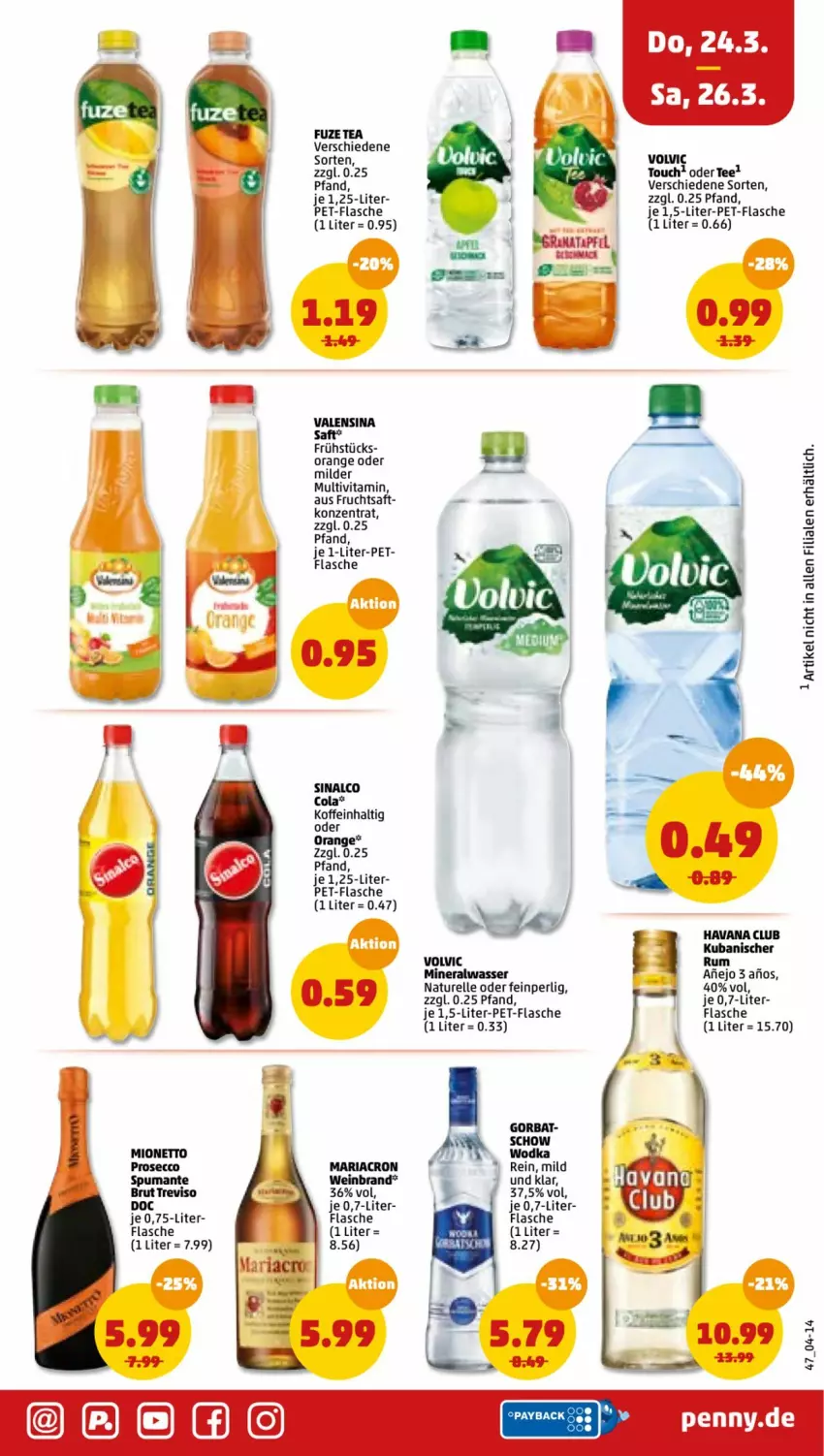 Aktueller Prospekt Penny - Prospekte - von 21.03 bis 26.03.2022 - strona 47 - produkty: cola, elle, flasche, frucht, fruchtsaft, fuze tea, Havana Club, mariacron, natur, ndk, orange, pet-flasche, rel, Ria, rum, saft, sinalco, tee, Ti, valensina, vita, volvic, wein, weinbrand, wodka