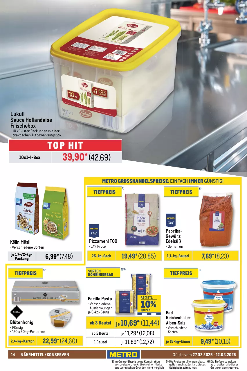 Aktueller Prospekt Metro - GastroJournal - von 27.02 bis 12.03.2025 - strona 14 - produkty: ananas, aufbewahrungsbox, Bad, barilla, beutel, Blüte, blütenhonig, coupon, curry, dressing, eimer, eis, flasche, gewürz, gewürzketchup, Hela, hollandaise, honig, ketchup, kölln, Konserven, Kühne, lukull, mayonnaise, mehl, Metro, mondamin, müsli, paprika, pasta, pizza, Pizzamehl, reis, sac, saft, salat, salatdressing, salz, sauce, sauce hollandaise, Ti, tiefpreis, tisch, tomate, tomaten, Tomatensaft, Yo