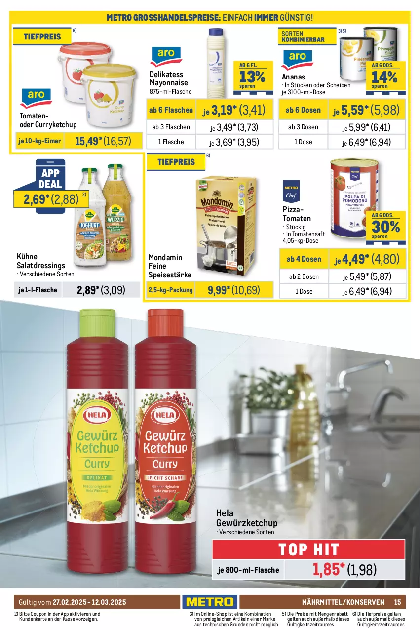 Aktueller Prospekt Metro - GastroJournal - von 27.02 bis 12.03.2025 - strona 15 - produkty: ananas, aufbewahrungsbox, Bad, barilla, beutel, Blüte, blütenhonig, coupon, curry, dressing, eimer, eis, flasche, gewürz, gewürzketchup, Hela, hollandaise, honig, ketchup, kölln, Konserven, Kühne, lukull, mayonnaise, mehl, Metro, mondamin, müsli, paprika, pasta, pizza, Pizzamehl, reis, sac, saft, salat, salatdressing, salz, sauce, sauce hollandaise, Ti, tiefpreis, tisch, tomate, tomaten, Tomatensaft, Yo