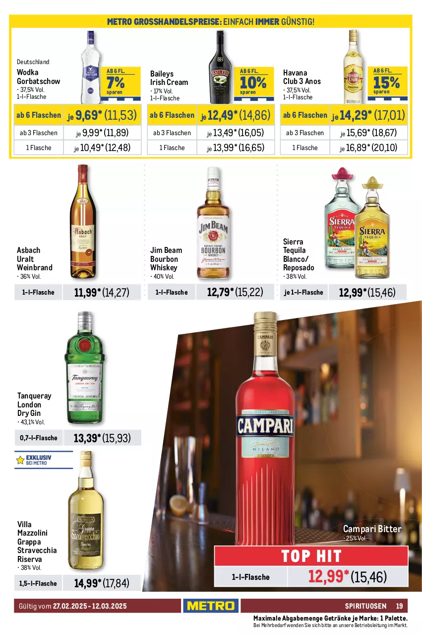 Aktueller Prospekt Metro - GastroJournal - von 27.02 bis 12.03.2025 - strona 19 - produkty: asbach uralt, baileys, bourbon, bourbon whiskey, brut, campari, chia, dry gin, ecco, eis, eiswürfel, elle, ente, flasche, frucht, getränk, getränke, gin, Gorbatschow, grappa, Havana Club, irish cream, jim beam, limo, limonade, london dry, london dry gin, Metro, monin, nuss, Palette, prosecco, reis, rhabarber, riserva, rwe, saft, Sierra, sierra tequila, sirup, Soda, spirituosen, Tanqueray, tequila, Ti, wein, weinbrand, whiskey, wodka, würfel, zitrone, zitronen, zitronensaft