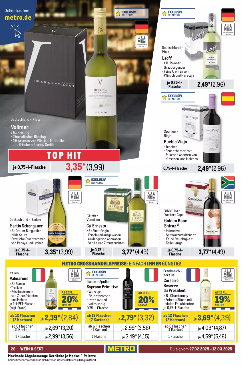 Aktueller Prospekt Metro - GastroJournal - von 27.02 bis 12.03.2025 - strona 20 - produkty: aperitif, aprikose, aprikosen, auer, Bad, burgunder, Cap, Cava, champagne, champagner, chardonnay, Corsaire, ecco, eis, elle, ernesto, flasche, freixenet, frizzante, frucht, früchte, früchten, fürst von metternich, getränk, getränke, grauburgunder, grauer burgunder, honig, honigmelone, jules mumm, kirsch, kirsche, kirschen, La Gioiosa, maracuja, melone, Metro, metro gastro, Mett, metternich, mumm, nuss, Palette, Papaya, perla, pet-flasche, pfirsich, Pinot, pinot grigio, primitivo, prosecco, puma, Rauch, reis, riesling, rioja, Rivaner, sac, sekt, spumante, Ti, tiefpreis, tisch, valdo, vanille, wein, Weste, zitrone, zitronen