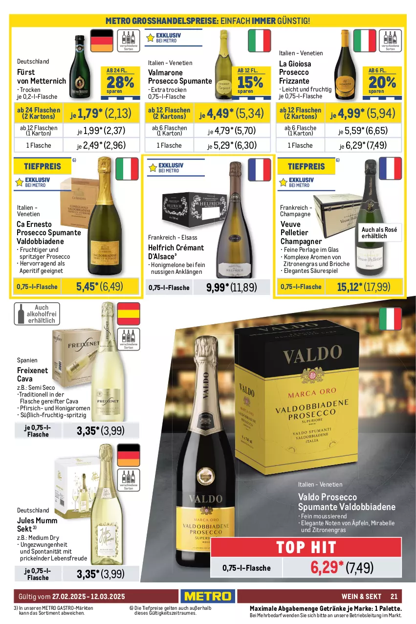 Aktueller Prospekt Metro - GastroJournal - von 27.02 bis 12.03.2025 - strona 21 - produkty: aperitif, aprikose, aprikosen, auer, Bad, burgunder, Cap, Cava, champagne, champagner, chardonnay, Corsaire, ecco, eis, elle, ernesto, flasche, freixenet, frizzante, frucht, früchte, früchten, fürst von metternich, getränk, getränke, grauburgunder, grauer burgunder, honig, honigmelone, jules mumm, kirsch, kirsche, kirschen, La Gioiosa, maracuja, melone, Metro, metro gastro, Mett, metternich, mumm, nuss, Palette, Papaya, perla, pet-flasche, pfirsich, Pinot, pinot grigio, primitivo, prosecco, puma, Rauch, reis, riesling, rioja, Rivaner, sac, sekt, spumante, Ti, tiefpreis, tisch, valdo, vanille, wein, Weste, zitrone, zitronen