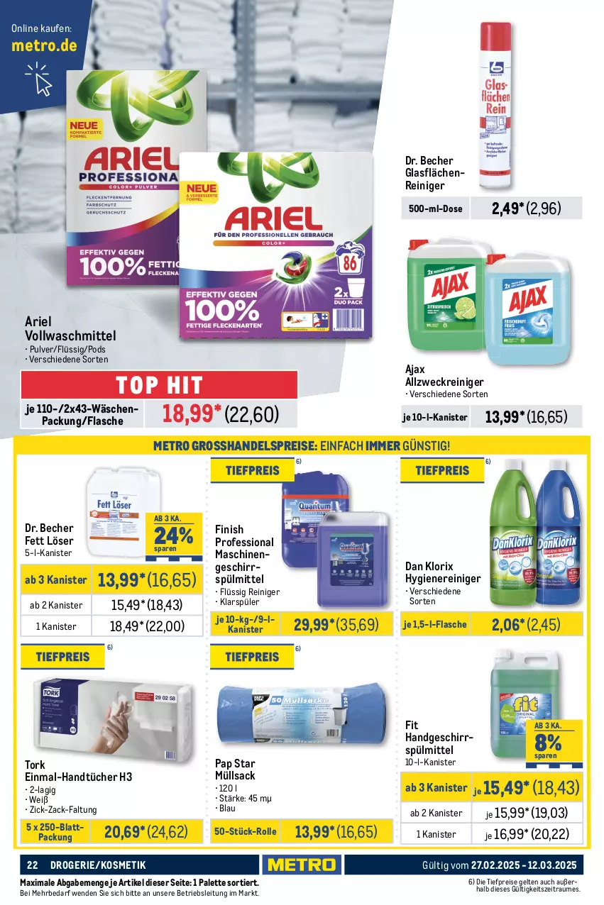 Aktueller Prospekt Metro - GastroJournal - von 27.02 bis 12.03.2025 - strona 22 - produkty: ACC, ajax, allzweckreiniger, ariel, aufbewahrungsbox, Becher, Behälter, eis, Finish, flasche, geschirr, geschirrspülmittel, handtücher, klarspüler, kosmetik, lebensmittel, Metro, Palette, Pods, reiniger, reis, Ria, sac, schmutzfangmatte, spülmaschinen, spülmittel, Ti, tiefpreis, tücher, vollwaschmittel, waschmittel, weck