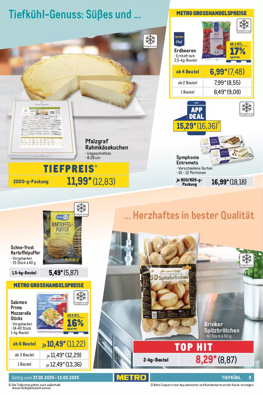 Aktueller Prospekt Metro - GastroJournal - von 27.02 bis 12.03.2025 - strona 9 - produkty: beere, beeren, beutel, bio, brötchen, coupon, eis, elle, erdbeere, erdbeeren, geback, kartoffel, kartoffelpuffer, Käse, käsekuchen, kuchen, Metro, mozzarella, nuss, obst, orange, orangen, paprika, paprika rot, reis, rel, sac, saft, Saftorangen, salat, salomon, schnitten, Ti, tiefpreis, zitrone, zitronen, zwiebel, zwiebeln