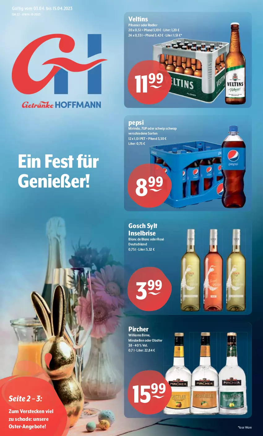 Aktueller Prospekt Getraenke Hoffmann - Prospekte - von 03.04 bis 15.04.2023 - strona 1 - produkty: 7UP, angebot, angebote, elle, Mirinda, obst, oder radler, pepsi, pils, pilsener, pircher, radler, rind, Schwip Schwap, Ti, veltins, veltins pilsener, Williams Birne