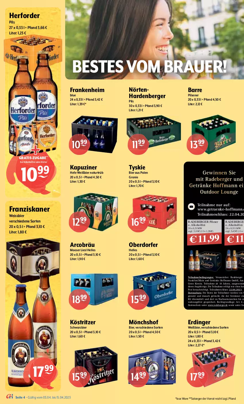 Aktueller Prospekt Getraenke Hoffmann - Prospekte - von 03.04 bis 15.04.2023 - strona 4 - produkty: alkohol, Altenmünster, auer, Berger, bier, bitburger, burger, carlsberg, eis, elle, erde, erdinger, flensburger, franziskaner, getränk, getränke, gewinnspiel, gin, hasseröder, Hefe, köstritzer, LG, mais, mönchshof, natur, pils, pilsener, pilsner, premium pils, radeberger, radeberger pilsner, radler, Spaten, Spiele, steiner, Ti, tyskie, warsteiner, weck, weissbier