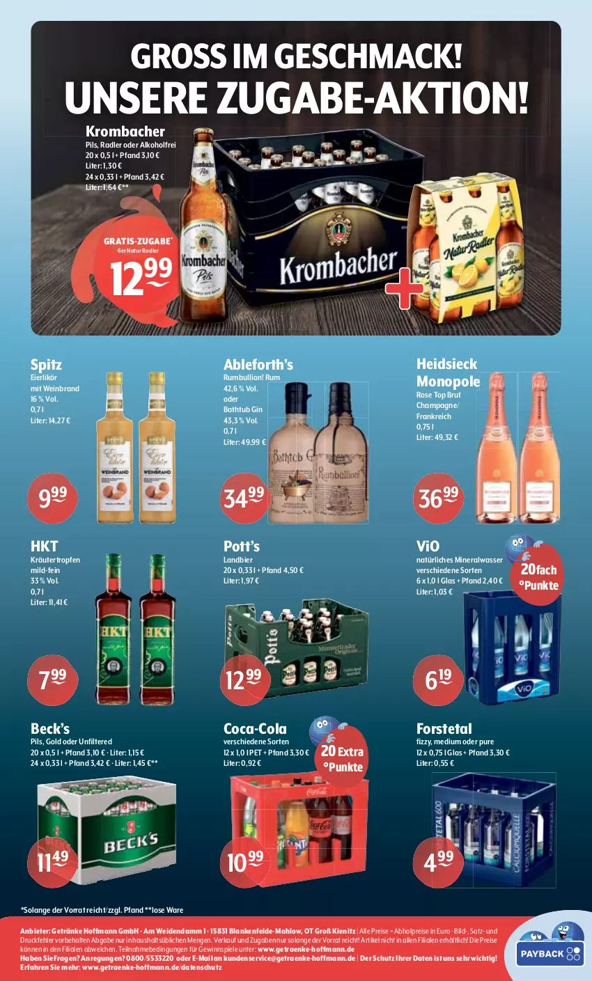 Aktueller Prospekt Getraenke Hoffmann - Prospekte - von 03.04 bis 15.04.2023 - strona 8 - produkty: abholpreise, alkohol, Alwa, bier, brut, champagne, coca-cola, cola, eier, eierlikör, eis, Forstetal, getränk, getränke, gewinnspiel, gin, kräuter, krombache, krombacher, krombacher pils, likör, lion, mac, mineralwasser, natur, natur radler, natürliches mineralwasser, pils, radler, reis, rum, Spiele, Ti, wasser, wein, weinbrand