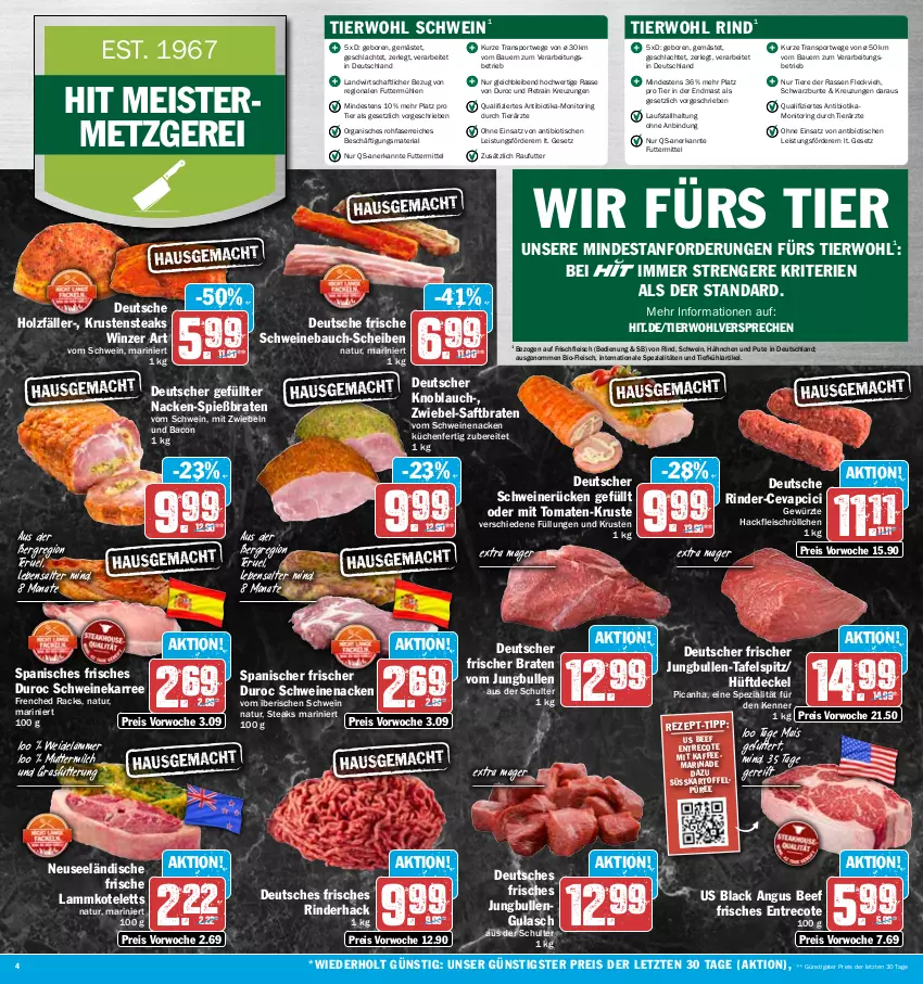 Aktueller Prospekt Hit - Prospekte - von 19.06 bis 24.06.2023 - strona 4 - produkty: auer, bacon, Bau, Bauer, beef, bio, braten, cevapcici, decke, Deckel, eis, fleisch, Geflügel, gewürz, gulasch, hackfleisch, Holz, jungbullen, kaffee, kartoffel, Kartoffelpüree, knoblauch, kotelett, küche, Küchen, lack, lamm, lammkotelett, mais, marinade, Meister, milch, mit zwiebeln, monitor, natur, püree, pute, reis, Ria, rind, rinder, ring, saft, schwein, schweine, Schweinebauch, schweinenacken, schweinerücken, Spezi, Sport, steak, steaks, tafelspitz, Ti, Tiere, tisch, tomate, tomaten, vom schweinenacken, wein, weine, ZTE, zwiebel, zwiebeln