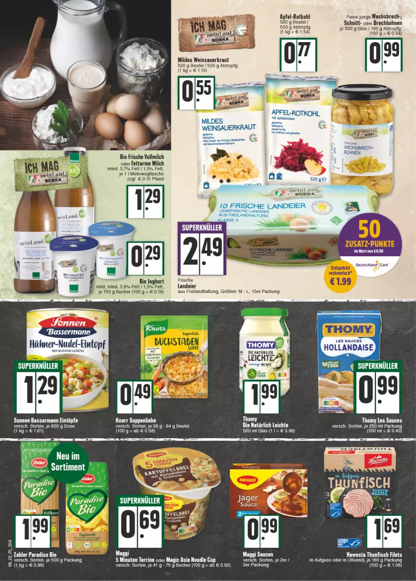 Aktueller Prospekt E Center - Angebote der Woche - von 21.02 bis 26.02.2022 - strona 10 - produkty: apfel, auer, Becher, beutel, bio, bohne, bohnen, Brei, eier, eintöpfe, elle, filet, filets, fisch, flasche, hawesta, in olivenöl, joghur, joghurt, Kraut, maggi, milch, olive, oliven, olivenöl, rotkohl, rwe, sauce, Sauerkraut, tee, thomy, thomy les sauces, thunfisch, thunfisch filets, vollmilch, wein, Weinsauerkraut, Zabler, zwiebel