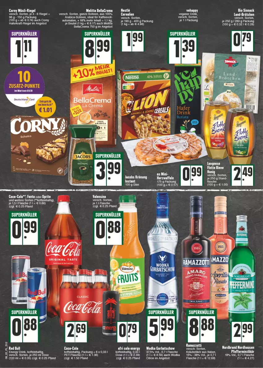 Aktueller Prospekt E Center - Angebote der Woche - von 21.02 bis 26.02.2022 - strona 12 - produkty: Afri Cola, angebot, auto, bellacrema, beutel, bio, Blüte, bohne, bohnen, brötchen, cerealien, coca-cola, cola, corny, drink, energy drink, flasche, gin, Gorbatschow, hafer, honig, kaffee, kraft, kräuter, kräuterlikör, langnese, likör, melitta, müsli, pet-flasche, rama, ramazzott, ramazzotti, riegel, sinnack, Ti, tomate, tomaten, valensina, waffeln, wodka, zott