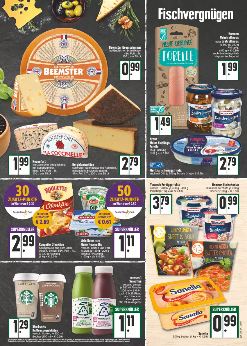 Aktueller Prospekt E Center - Angebote der Woche - von 21.02 bis 26.02.2022 - strona 7 - produkty: angebot, arla, arla buko, Becher, Beemster, blume, blumen, Buko, buko sahnige, caffe, deutschland card, dip, eis, fertiggericht, fertiggerichte, filet, filets, flasche, fleisch, fleischsalat, hering, Herings, holländischer schnittkäse, homann, Innocent, kaffee, kaffeespezialitäten, Käse, Kette, krone, LG, merl, milch, nuss, Ofen, Ofenkäse, orange, orangen, orangensaft, rel, ring, rouge, rougette, saft, salat, Schal, Schale, schnittkäse, schweizer schnittkäse, smoothie, Spezi, tee, Ti, Yo, YouCook