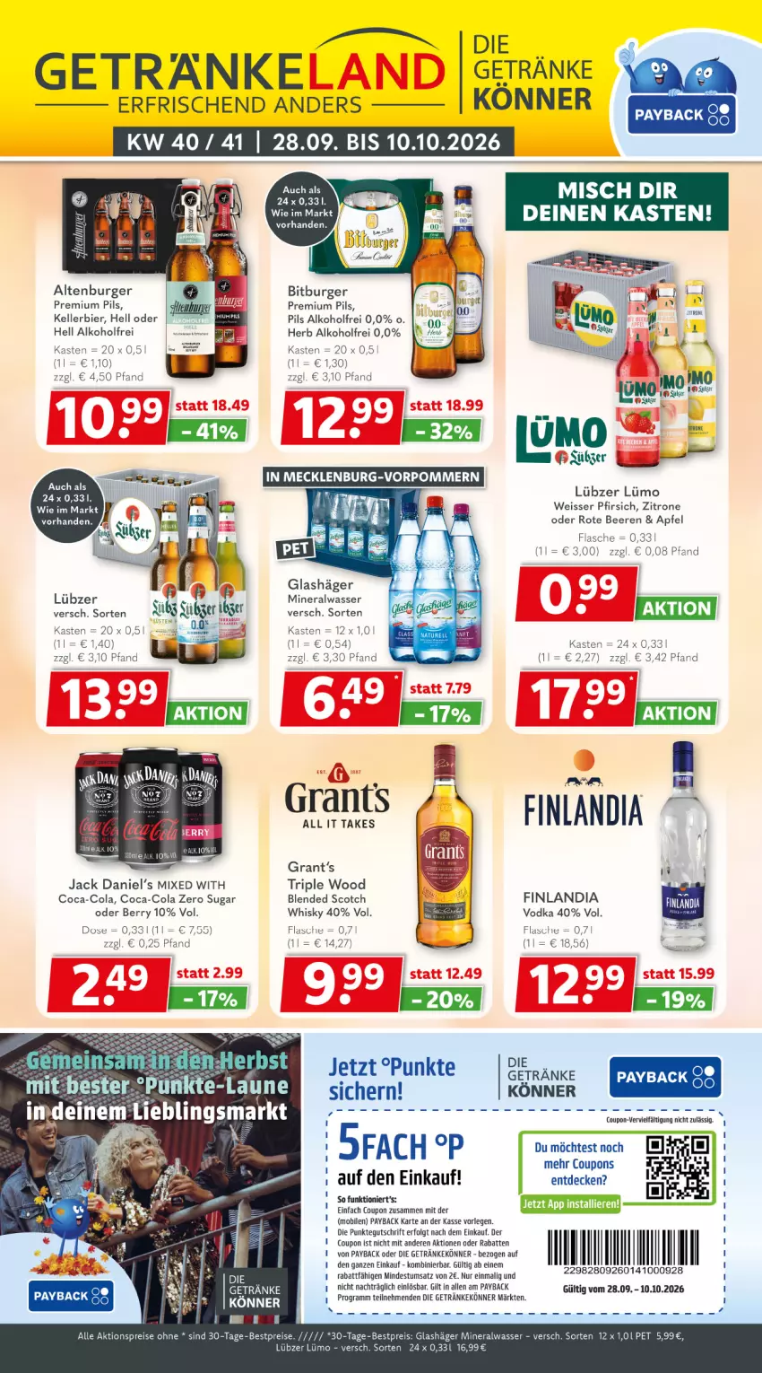 Aktueller Prospekt Getraenkeland - von 28.09 bis 10.10.2026 - strona 1 - produkty: aktionspreis, alkohol, altenburger, Alwa, apfel, beere, beeren, bestpreis, bestpreise, bier, bitburger, blended scotch, burger, coca-cola, cola, coupon, coupons, decke, eis, elle, flasche, getränk, getränke, jack daniel, Jack Daniel’s, kellerbier, LG, limo, Lübzer, mineralwasser, payback, pfirsich, pils, premium pils, reis, scotch, Ti, vodka, wasser, whisky, zitrone