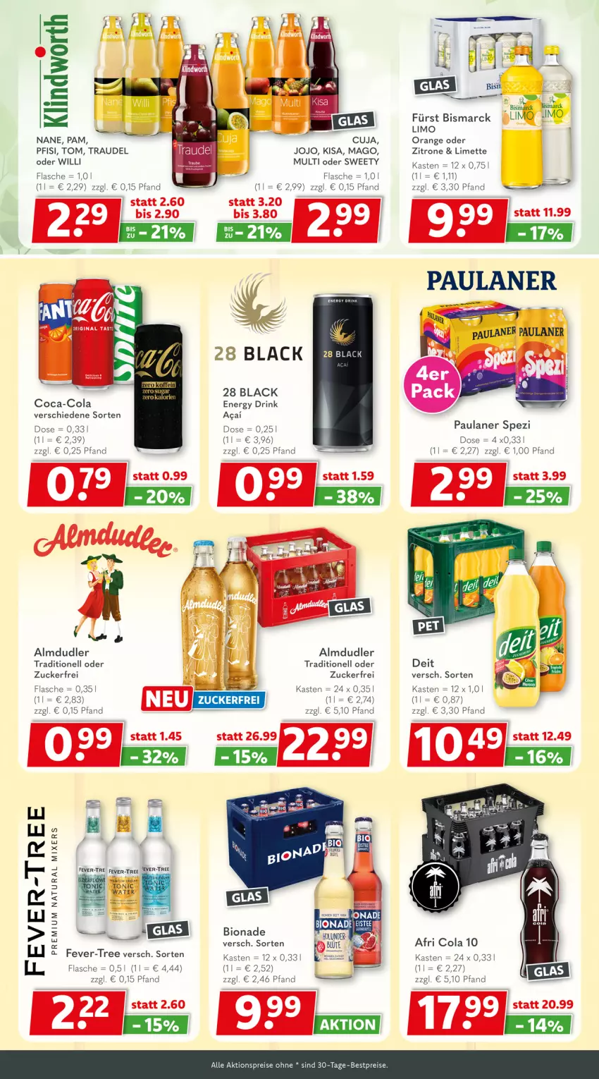 Aktueller Prospekt Getraenkeland - von 28.09 bis 10.10.2026 - strona 6 - produkty: aktionspreis, almdudler, bestpreis, bestpreise, bio, bionade, bismarck, cola, deit, eis, fever-tree, flasche, lack, limette, limo, Mett, Mixer, natur, natura, orange, Paula, paulaner, reis, Spezi, Ti, tonic, zitrone, zucker