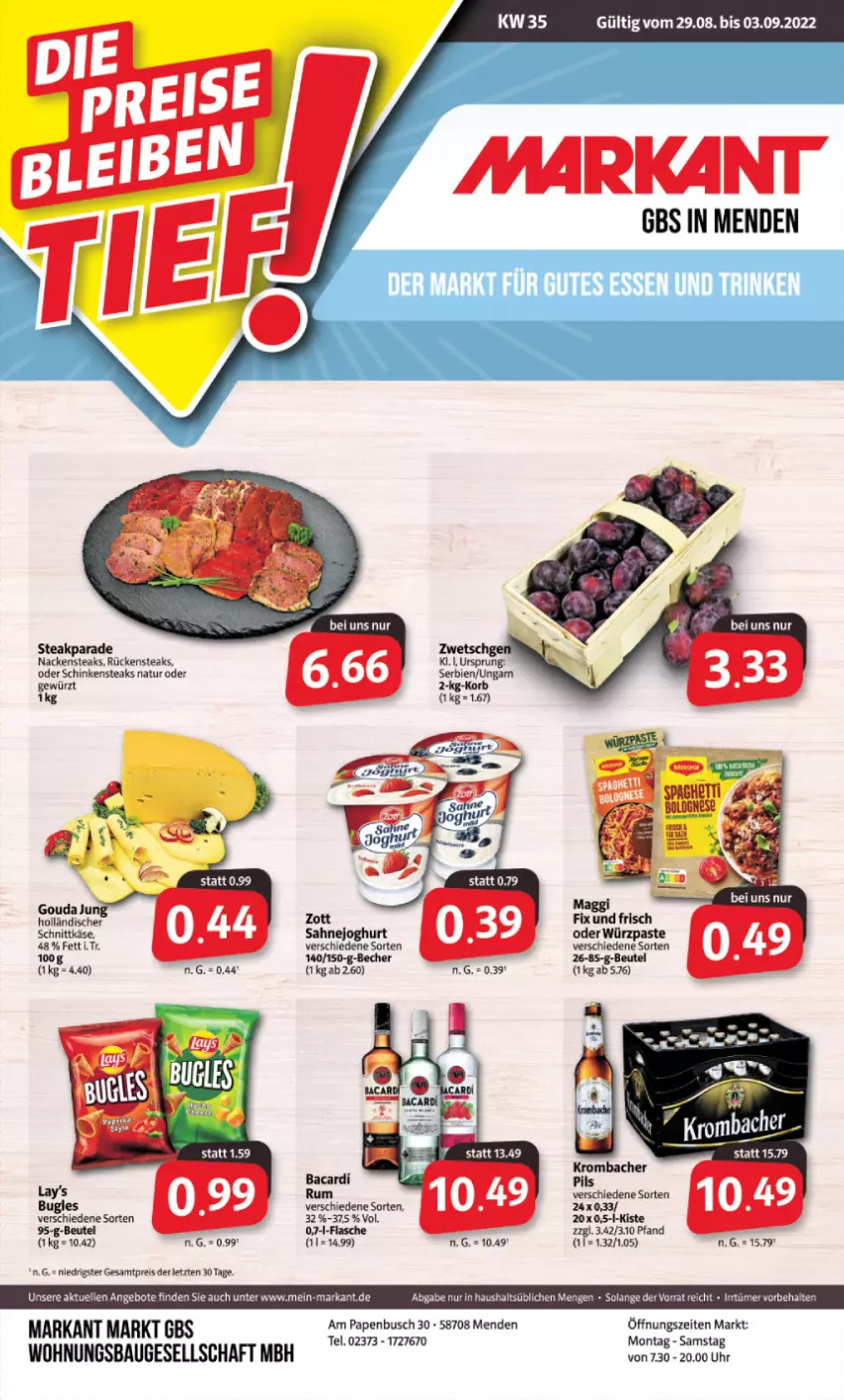 Aktueller Prospekt Markant - Prospekte - von 29.08 bis 03.09.2022 - strona 1 - produkty: angebot, angebote, bacardi, Bau, Becher, beutel, bugles, eis, elle, flasche, gewürz, gouda, joghur, joghurt, Käse, lay's, maggi, Nackensteak, nackensteaks, natur, pils, reis, Rückensteak, rückensteaks, rum, sahne, Sahnejoghurt, schinken, Schinkensteak, steak, steaks, Ti, uhr, zott, ZTE