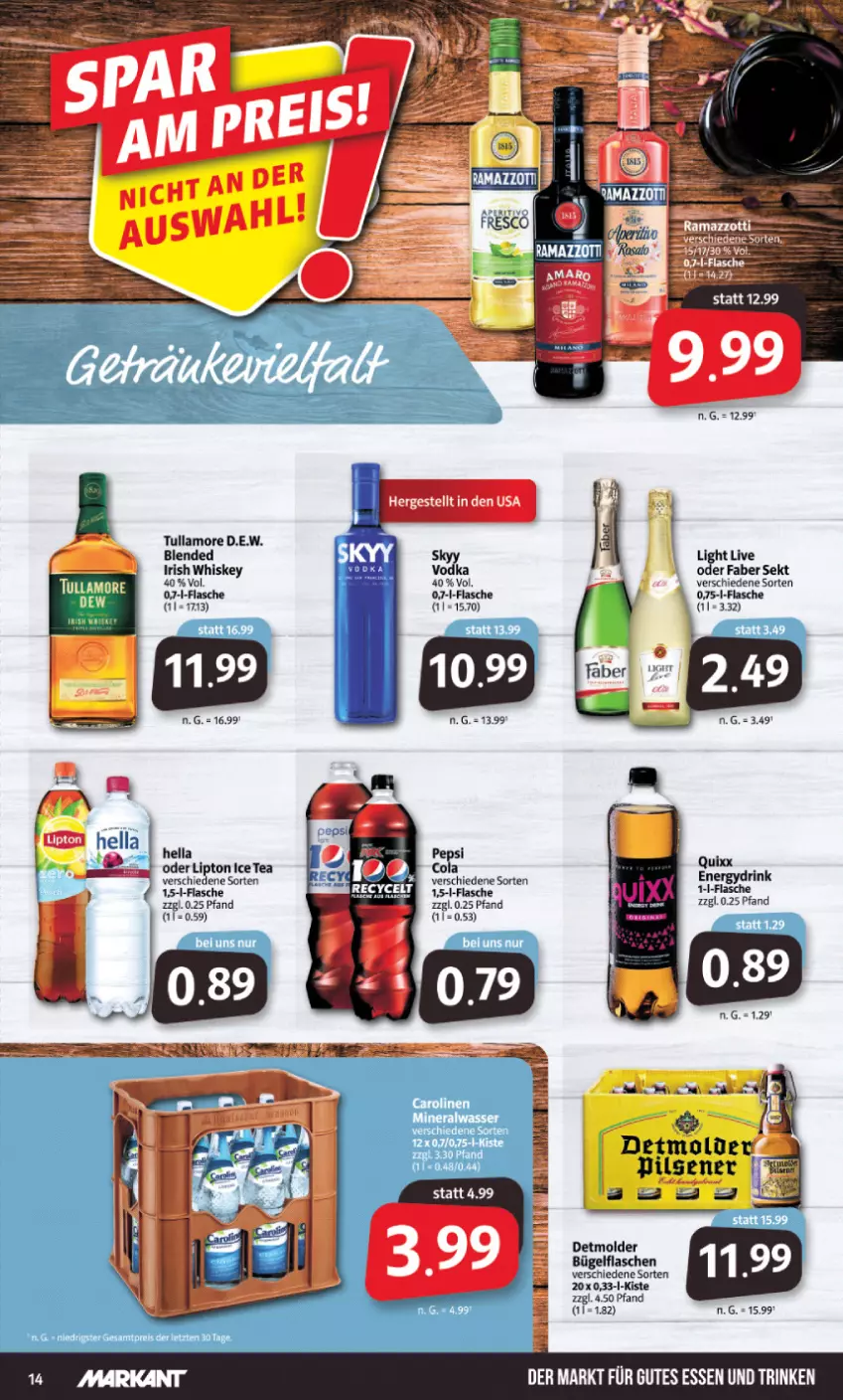 Aktueller Prospekt Markant - Prospekte - von 29.08 bis 03.09.2022 - strona 14 - produkty: bügel, bügelflasche, cola, flasche, gutes essen, hella, ice tea, irish whiskey, lipton, lipton ice tea, pepsi, Pepsi Cola, pils, pilsener, sekt, tullamore, vodka, whiskey