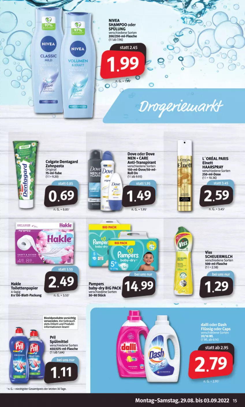 Aktueller Prospekt Markant - Prospekte - von 29.08 bis 03.09.2022 - strona 15 - produkty: bio, biozidprodukte, colgate, dove, eis, elnett, flasche, gin, haarspray, hakle, Heu, LG, milch, nivea, pampers, papier, pasta, pril, Rauch, reis, rwe, scheuermilch, shampoo, shampoo oder spülung, spülmittel, spülung, Ti, toilettenpapier, zahnpasta, ZTE