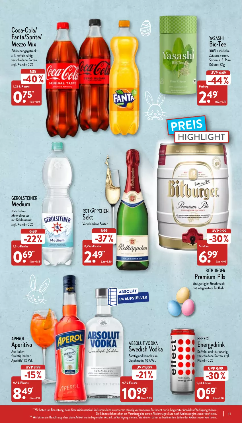 Aktueller Prospekt Aldi Nord - Aldi-Aktuell - von 11.04 bis 16.04.2022 - strona 11 - produkty: Absolut Vodka, Alwa, aperitif, aperol, bio, bitburger, burger, coca-cola, cola, drink, Effect, eis, elle, erfrischungsgetränk, fanta, flasche, frucht, gerolsteine, gerolsteiner, getränk, gin, kräuter, mac, Mezzo Mix, mineralwasser, natürliches mineralwasser, pils, reis, rotkäppchen, sekt, sprite, steiner, tee, teller, Ti, vodka, wasser, ZTE