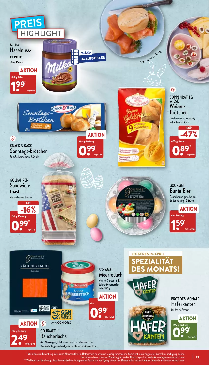 Aktueller Prospekt Aldi Nord - Aldi-Aktuell - von 11.04 bis 16.04.2022 - strona 13 - produkty: aqua, beutel, braun, brot, brötchen, buch, creme, eier, eis, elle, filet, geback, gin, hafer, haselnuss, Haselnusscreme, Holz, lachs, meerrettich, milka, nuss, ohne palmöl, pril, Räucherlachs, reis, Rettich, rwe, sahne, sandwich, schamel, Spezi, teller, Ti, toast, weizenbrötchen, ZTE