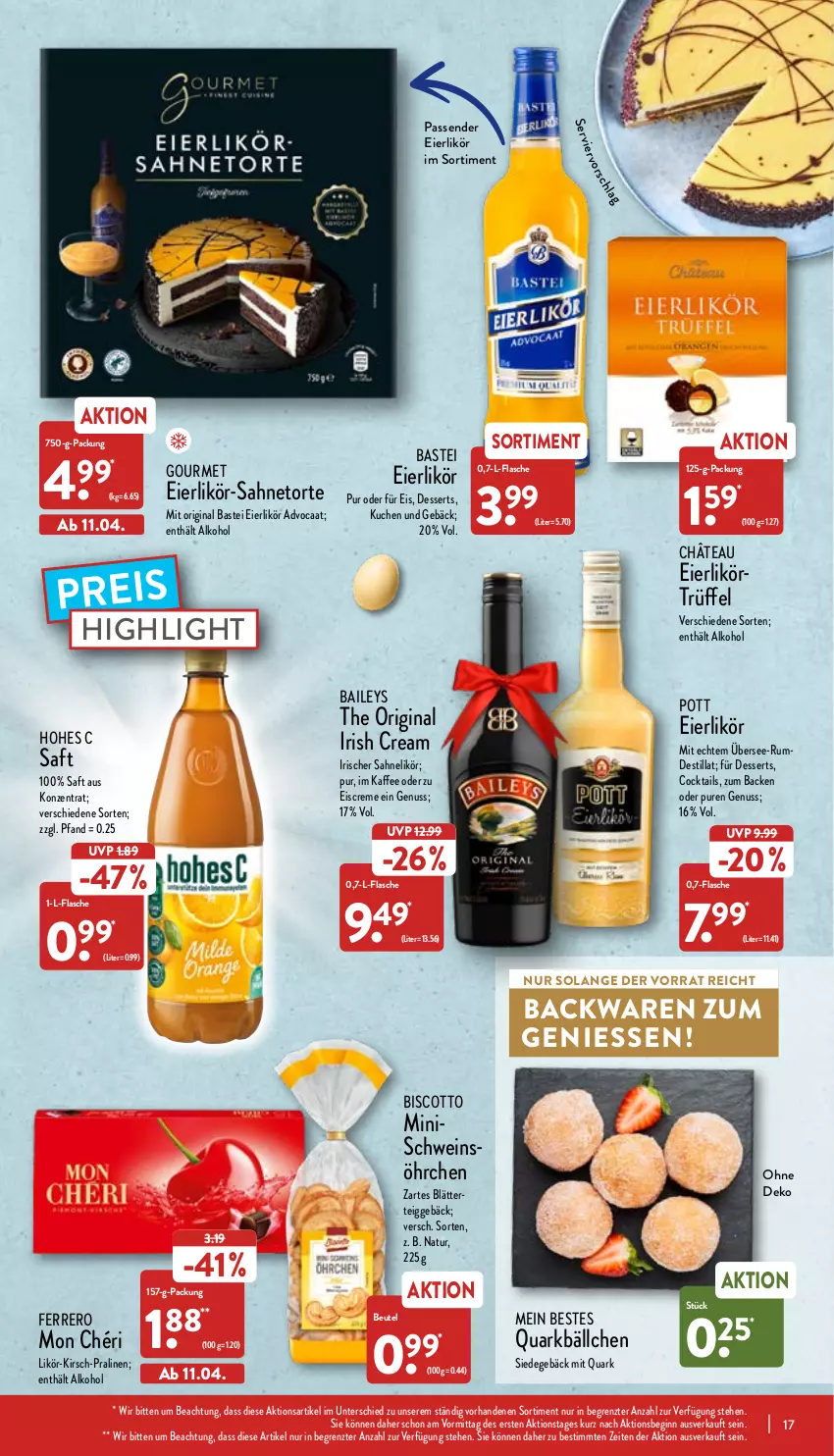 Aktueller Prospekt Aldi Nord - Aldi-Aktuell - von 11.04 bis 16.04.2022 - strona 17 - produkty: alkohol, backwaren, baileys, beutel, biscotto, cocktail, cocktails, creme, dessert, desserts, eier, eierlikör, eis, eiscreme, ferrero, flasche, gin, Hohes C, irish cream, kaffee, kirsch, kuchen, likör, Mon Chéri, natur, nuss, pralinen, quark, reis, rum, saft, sahne, schwein, Ti, torte, Trüffel, wein, ZTE