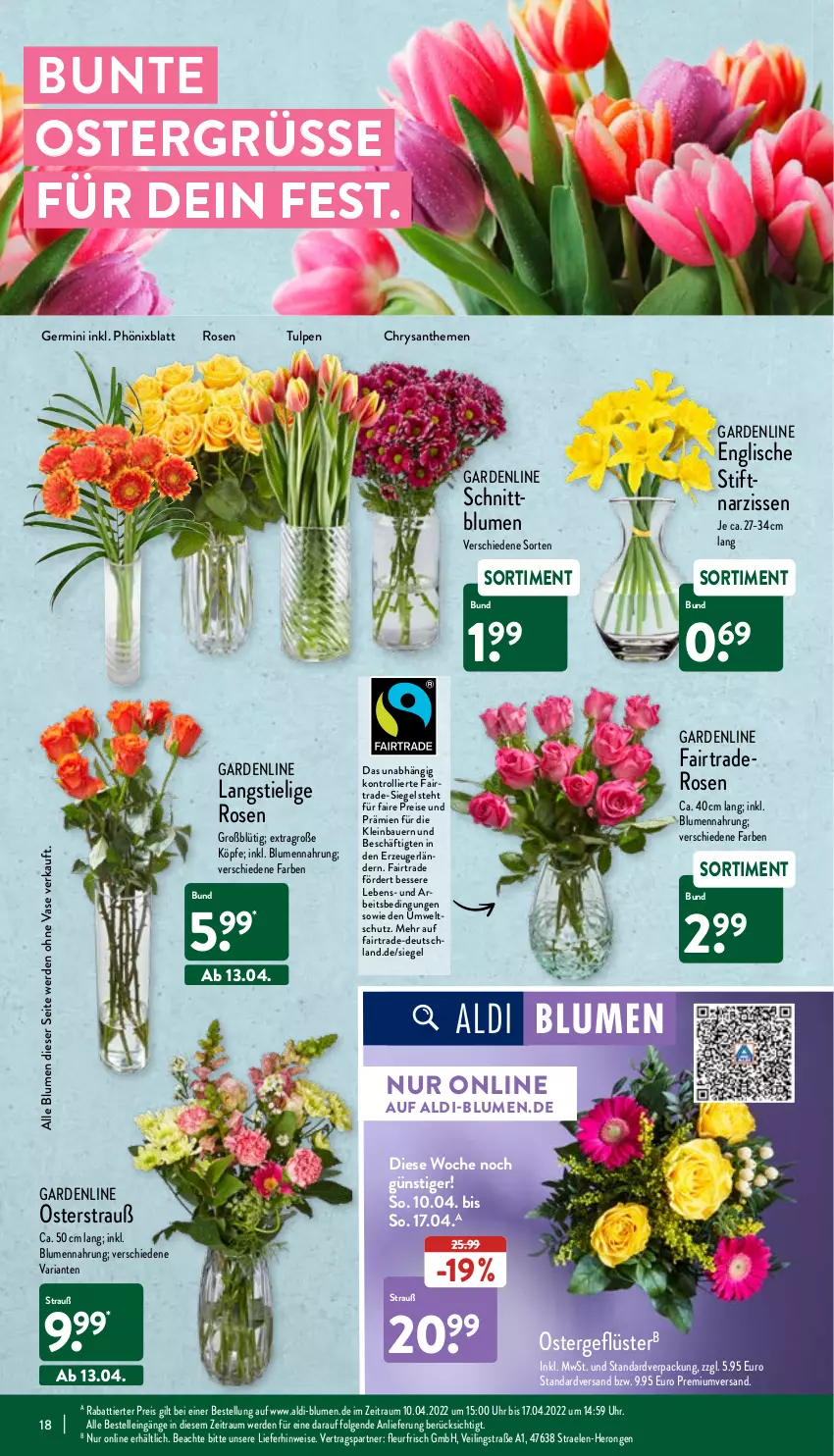 Aktueller Prospekt Aldi Nord - Aldi-Aktuell - von 11.04 bis 16.04.2022 - strona 18 - produkty: aldi, auer, Bau, Bauer, blume, blumen, chrysanthemen, eis, elle, erde, Germ, hero, LG, Narzissen, reis, Ria, rosen, Ti, trolli, uhr, Vase