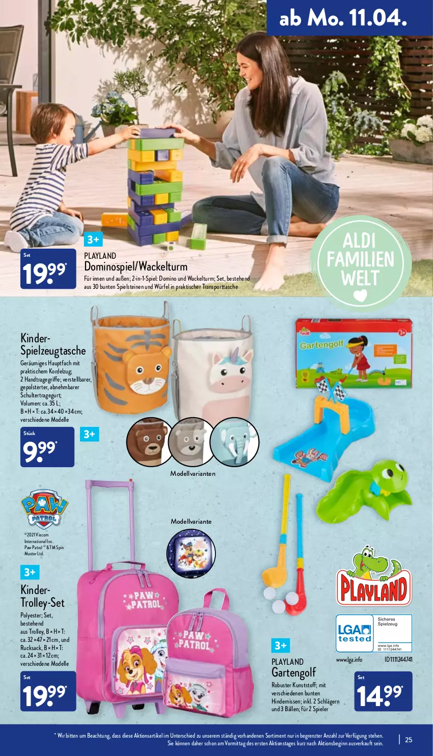 Aktueller Prospekt Aldi Nord - Aldi-Aktuell - von 11.04 bis 16.04.2022 - strona 25 - produkty: dell, elle, Garten, gin, Kinder, Kinderspiel, LG, Mode, Paw Patrol, Ria, rucksack, sac, Spiele, spielzeug, Sport, sporttasche, Tasche, Ti, tisch, tragegriff, trolley, würfel, ZTE