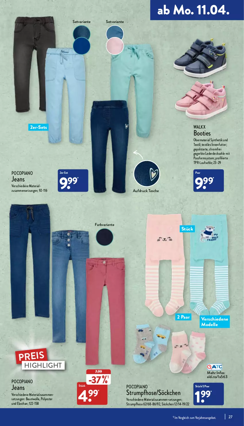 Aktueller Prospekt Aldi Nord - Aldi-Aktuell - von 11.04 bis 16.04.2022 - strona 27 - produkty: aldi, angebot, Bau, baumwolle, Booties, decksohle, dell, eis, elle, erde, hose, jeans, Mode, obermaterial synthetik, pocopiano, reis, resa, Ria, rum, söckchen, Strumpfhose, Tasche, Ti, walkx, wolle