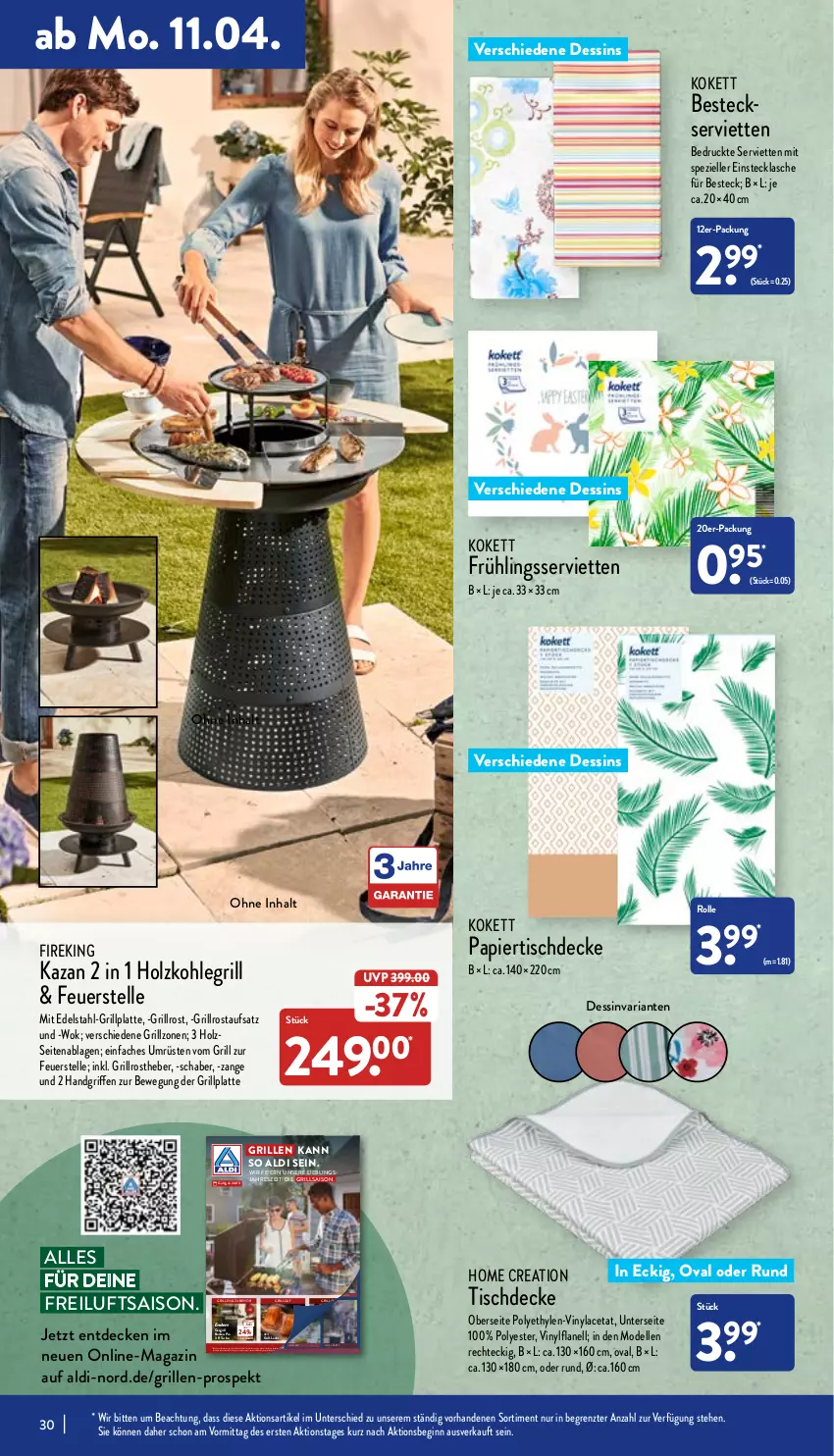 Aktueller Prospekt Aldi Nord - Aldi-Aktuell - von 11.04 bis 16.04.2022 - strona 30 - produkty: aldi, besteck, decke, dell, drink, drinks, edelstahl, eier, eis, elle, gasgrill, gin, grill, grill-lachs, grillplatte, grillrost, Holz, holzkohle, holzkohlegrill, ilag, kissen, Kohlegrill, lachs, latte, leine, LG, mac, magazin, Mode, Palette, papier, reis, Ria, Schal, Schale, Serviette, servietten, sitzkissen, Spezi, Ti, tisch, tischdecke, wok, Zelt, ZTE