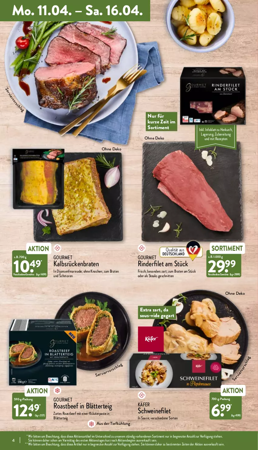 Aktueller Prospekt Aldi Nord - Aldi-Aktuell - von 11.04 bis 16.04.2022 - strona 4 - produkty: aus der tiefkühlung, beef, blätterteig, braten, filet, gin, käfer, kräuter, marinade, rezept, rezepte, rind, rinder, rinderfilet, roastbeef, Rückenbraten, sauce, schnitten, schwein, schweine, schweinefilet, senf, steak, steaks, Ti, wein, weine, ZTE