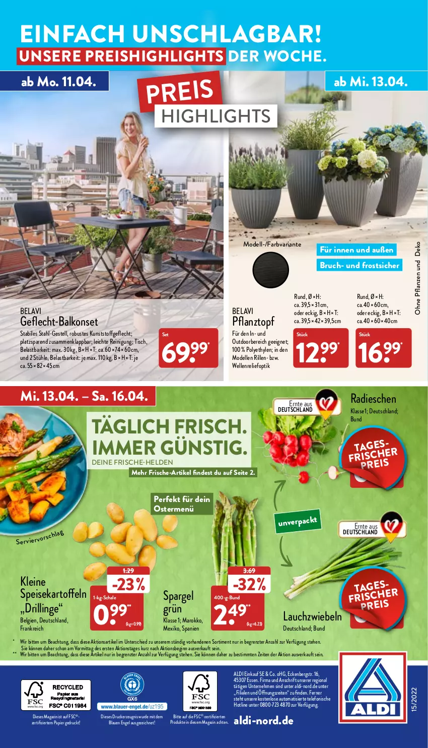 Aktueller Prospekt Aldi Nord - Aldi-Aktuell - von 11.04 bis 16.04.2022 - strona 42 - produkty: aldi, auto, Balkonset, dell, drucker, eis, elle, Engel, gin, kartoffel, kartoffeln, kerze, kunststoffgeflecht, leine, LG, magazin, Mode, papier, pflanze, pflanzen, Pflanztopf, radieschen, Reinigung, reis, rel, Ria, Schal, Schale, spargel, spargel grün, speisekartoffeln, Stühl, telefon, Ti, tisch, topf, ZTE, zwiebel, zwiebeln